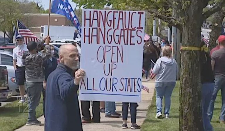 The Lockdown Protestors Who Trump Hailed As “Great People” Can Be Seen Holding Up A “Hang Fauci” Sign