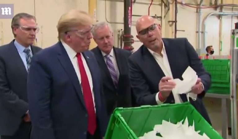 Trump Appears To Ignore Signs That Masks Be Worn During Factory Tour, Wears Goggles Instead