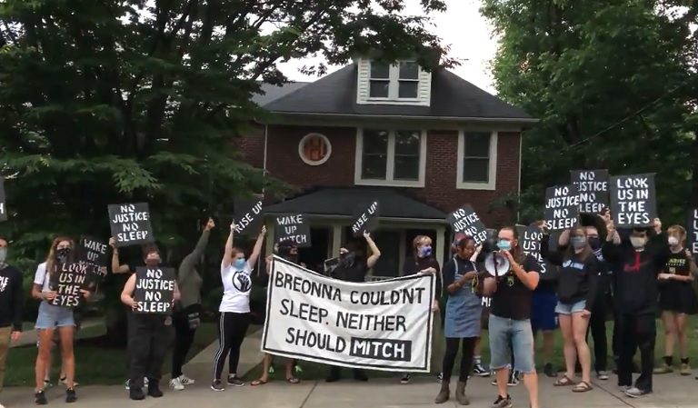 Protesters Marched And Gathered Around Mitch McConnell’s House To Give Him An Early Morning “Wake Up” Call: “Breonna Couldn’t Sleep, Neither Should Mitch”
