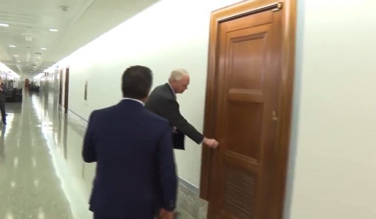 Watch Republican Senator Who’s Received More Than $1M In NRA Donations Run Into A Locked Door At The Capitol Trying To Escape From Reporter’s Questions About Gun Control