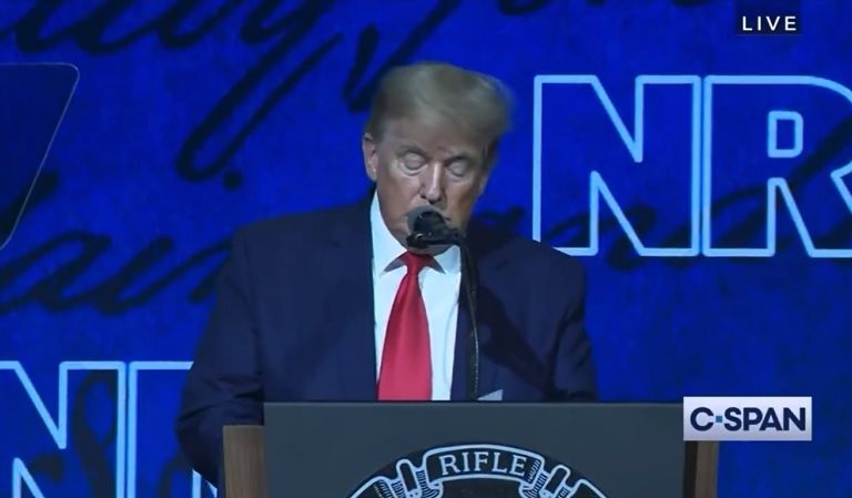 Trump Opens Tonight’s NRA Speech By Reading The Names Of Uvalde Shooting Victims While Dystopian Death Knell Rings After Each Mispronounced Name