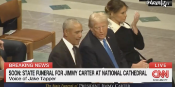 Barack Obama and Donald Trump at Jimmy Carter's funeral (YouTube screenshot/@Acyn)