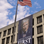 The president's face on the side of the Labor Department (X screenshot)