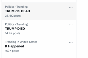 Rumors on Friday night of Donald Trump's death (X screenshot)